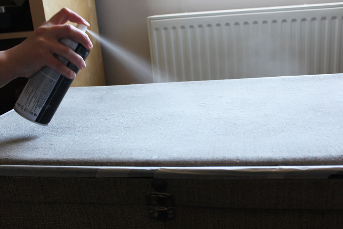 Application du spray sur la valise - DIY : Redonner vie à une vieille valise