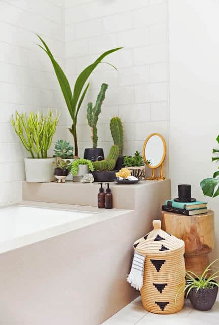 une salle de bain au look tropical et ethnique remplie de plantes  - Une déco ethnique dans toute la maison
